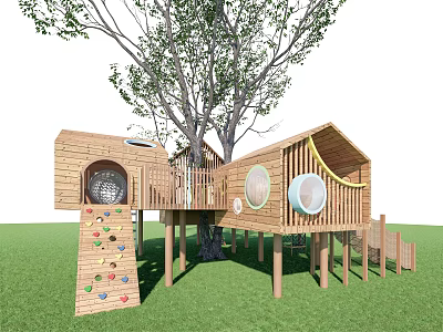 Outdoor Wooden Play Equipment With Climbing Wall Slide Circular Windows And Rope Net Under Tree 3d model