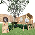 Outdoor Wooden Play Equipment With Climbing Wall Slide Circular Windows And Rope Net Under Tree