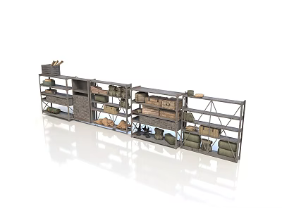 Metal Storage Shelves With Multiple Layers Holding Wooden Boxes And Baskets 3d model