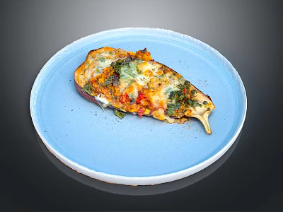 Baked Stuffed Eggplant With Melted Cheese And Fresh Vegetables On Blue Plate 3d model