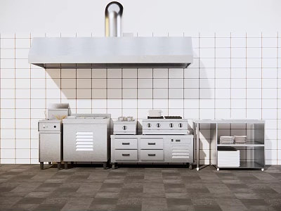 Stainless Steel Kitchen Appliances Range Hood Stove And Cabinets On White Tiled Wall Gray Floor 3d model