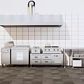 Stainless Steel Kitchen Appliances Range Hood Stove And Cabinets On White Tiled Wall Gray Floor