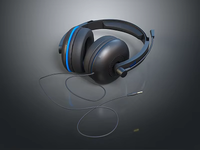 Black Computer Headphones With Blue Accents And Wired Over Ear Design 3d model