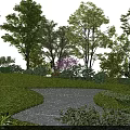 Beautiful Park Landscape with Lush Trees Flowering Shrubs and Stone Tile Walkway