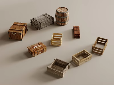 Various Rustic Wooden Boxes Crates And Barrels With Diverse Styles For Storage 3d model