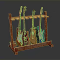 Sturdy Wooden Guitar Stand Displaying Colorful Electric And Acoustic Guitars