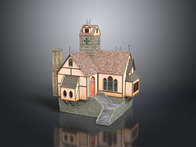 Traditional Church Building With Tower Red Tile Roof Arched Windows And Stone Steps 3d model