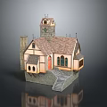 Traditional Church Building With Tower Red Tile Roof Arched Windows And Stone Steps