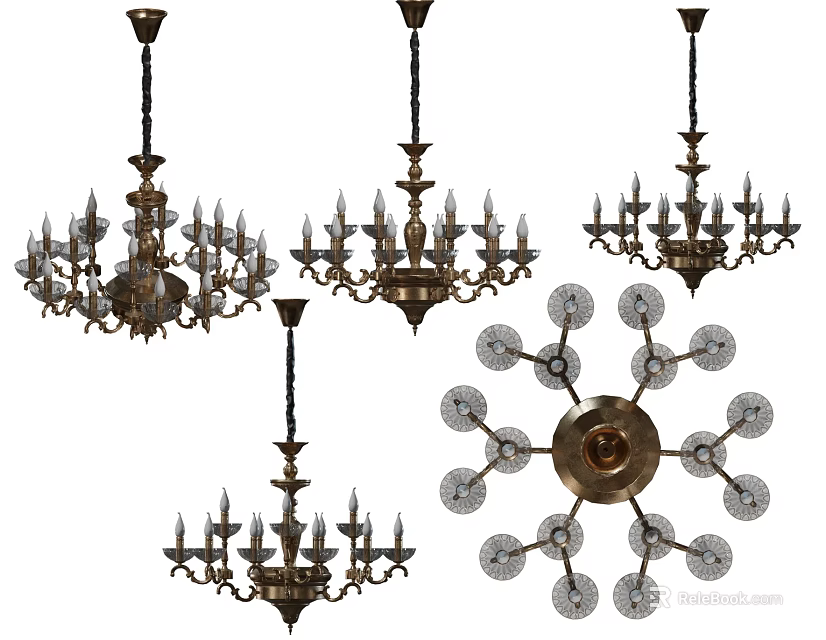 Various Vintage And Modern Chandeliers With Crystal And Brass Design Elements 3d model 