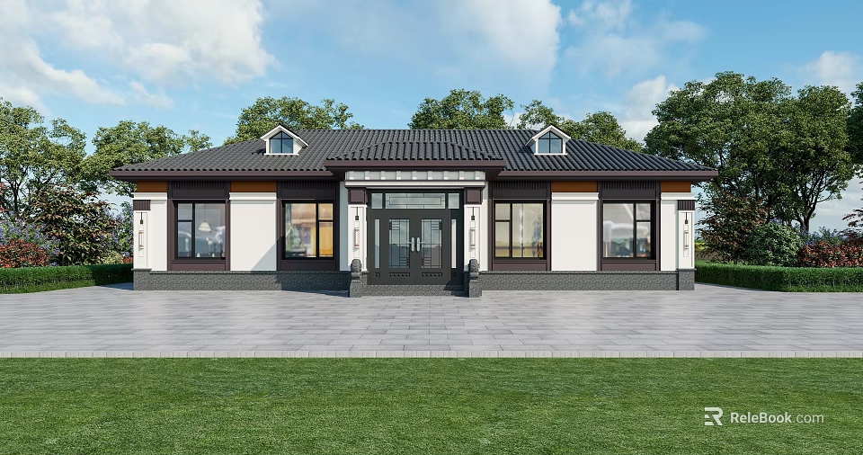 Traditional Detached Villa With Tile Roof Symmetric Windows And Lawn Front Yard 3d model 