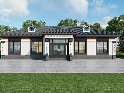 Traditional Detached Villa With Tile Roof Symmetric Windows And Lawn Front Yard 3d model
