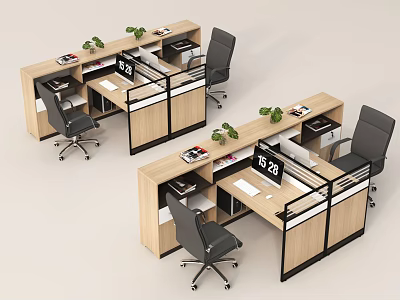 Modern Cubicle Office Desks With Ergonomic Chairs Potted Plants And Stationery 3d model
