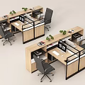 Modern Cubicle Office Desks With Ergonomic Chairs Potted Plants And Stationery