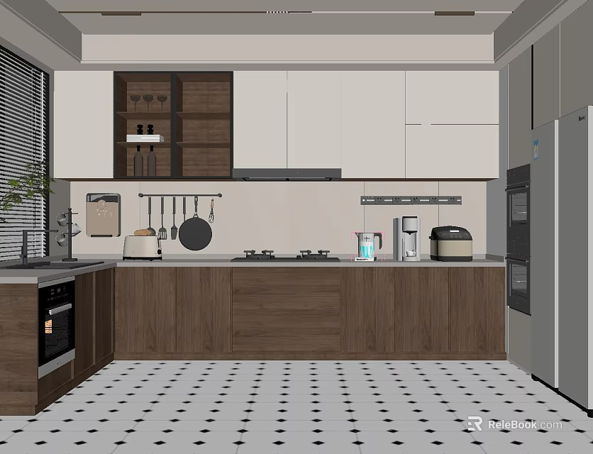 Modern Kitchen Cabinets Featuring Wooden And White Design With Countertop And Appliances 3d model 