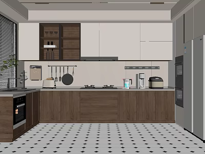 Modern Kitchen Cabinets Featuring Wooden And White Design With Countertop And Appliances 3d model
