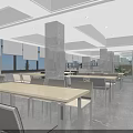 Modern Restaurant Entrance Hall Featuring Silver Turnstiles Marble Columns And Green Billboard