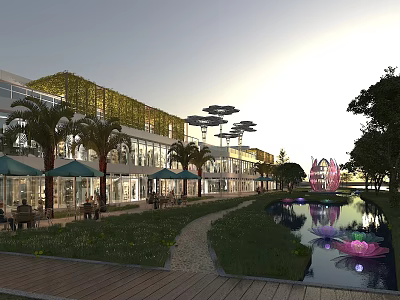 Garden Landscape With Modern Building Green Roof Palm Trees Outdoor Seating Pathway Pond And Lotus Flowers 3d model