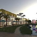 Garden Landscape With Modern Building Green Roof Palm Trees Outdoor Seating Pathway Pond And Lotus Flowers