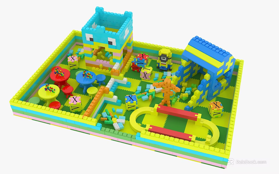 Colorful Building Blocks Play Area With Various Structures And Small Characters 3d model 