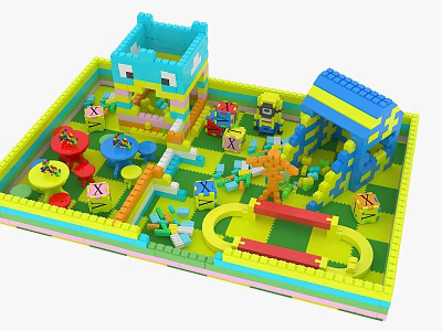 Colorful Building Blocks Play Area With Various Structures And Small Characters 3d model