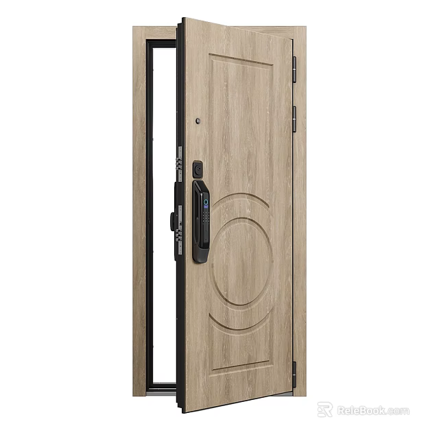 Modern Wooden Front Door With Digital Lock Glass Panel And Wood Grain Texture 3d model 