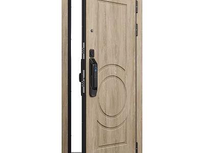 Modern Wooden Front Door With Digital Lock Glass Panel And Wood Grain Texture 3d model