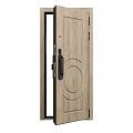 Modern Wooden Front Door With Digital Lock Glass Panel And Wood Grain Texture