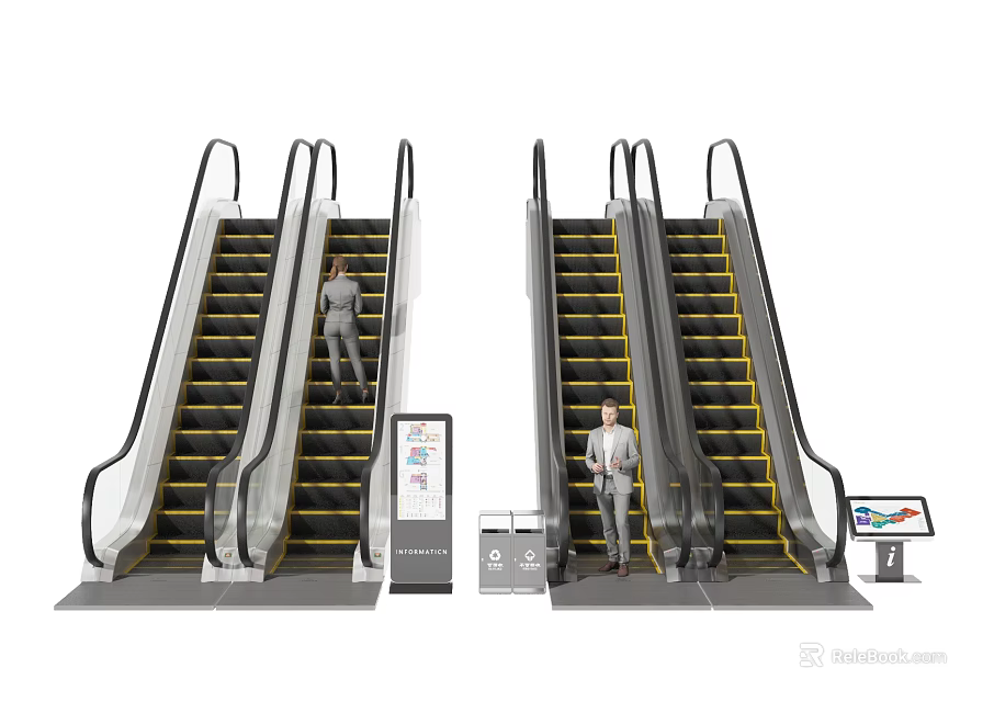 Public Area Escalators With Information Screens Trash Bins And People Moving Standing 3d model 