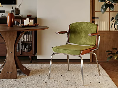 Green Velvet Accent Chair With Metal Frame In Modern Interior With Wooden Table And Plant 3d model