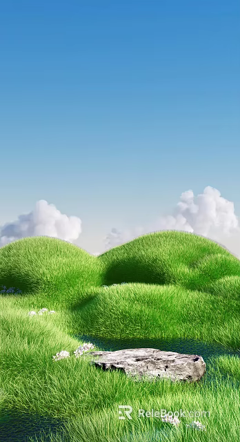 Lush Green Meadow With Colorful Flowers Under Blue Sky And White Clouds 3d model 