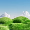 Lush Green Meadow With Colorful Flowers Under Blue Sky And White Clouds