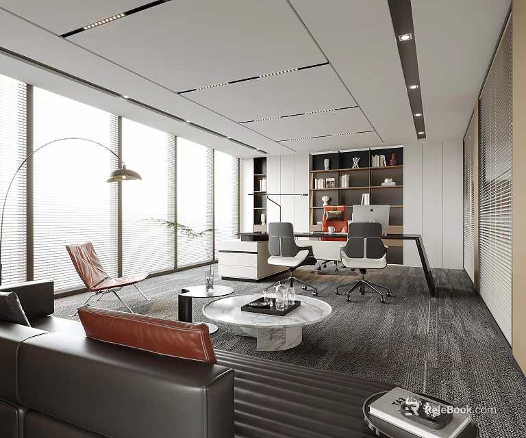 Modern Office Interior With Large Windows Leather Sofa Marble Coffee Table And Bookshelves 3d model 