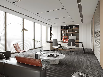 Modern Office Interior With Large Windows Leather Sofa Marble Coffee Table And Bookshelves 3d model
