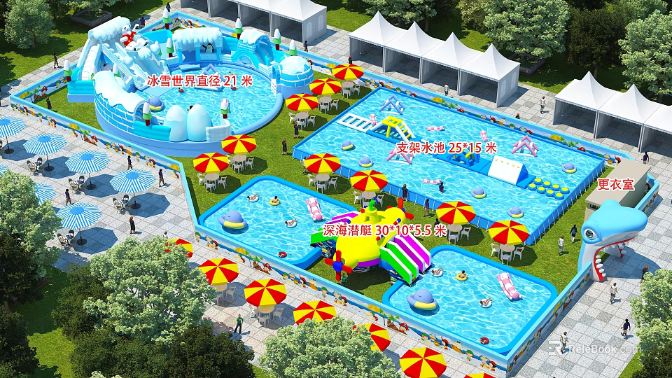 Large Scale Inflatable Water Park With Colorful Slides Pools And Umbrella Shaded Areas 3d model 