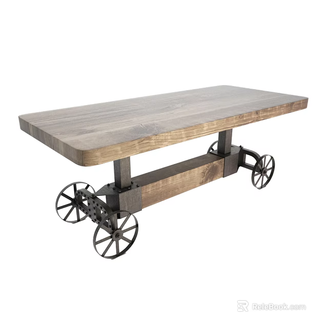 Sturdy Industrial Coffee Table Featuring Wooden Top And Metal Wheel Design 3d model 