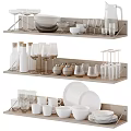 Dinnerware Set Display In Modern Kitchen On Wooden Shelf With Bowls Plates Cups Glasses