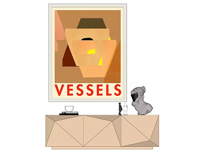 Vessels Art Painting Above Modern Geometric Cabinet With Sculpture And Cup 3d model