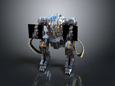 3D Mechanical Robot Creature With Silver Black Body And Yellow Details Standing Pose 3d model