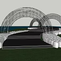 Illuminated Arch Structures in Night Garden Landscape with Moonlit Sky Water Reflection Steps and White Flowers