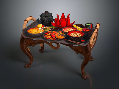 Assorted Chinese Food On Traditional Carved Wooden Tray With Hotpot Noodles Vegetables And Red Decor 3d model