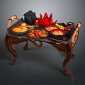 Assorted Chinese Food On Traditional Carved Wooden Tray With Hotpot Noodles Vegetables And Red Decor
