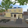 Bright Detached Villa With Yellow Exterior Blue Roof Front Steps Parking And Garden Trees