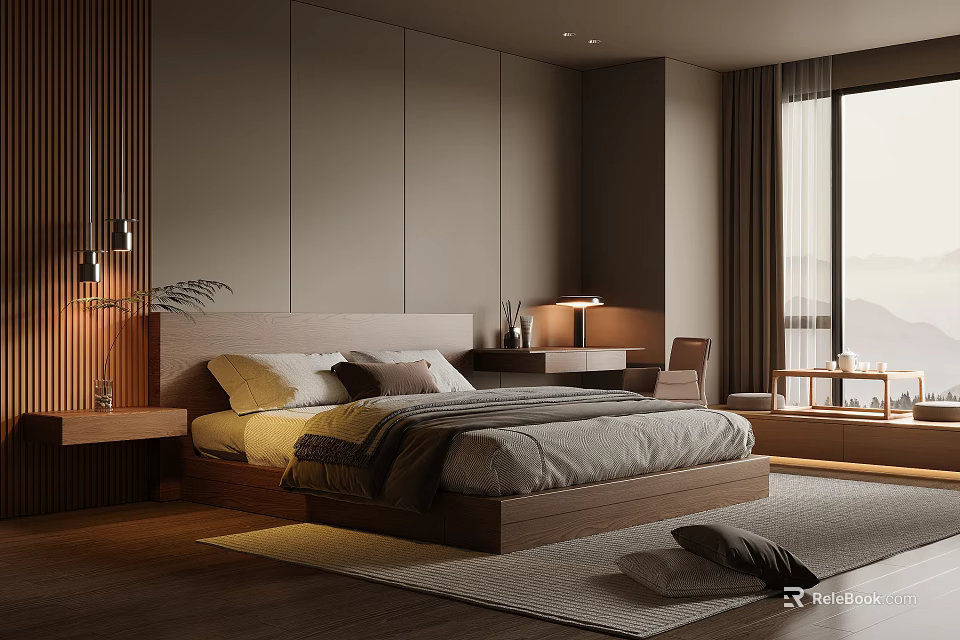 Modern Bedroom Interior Design With Wooden Headboard Bed Nightstand Table Lamp Window Curtains And Rug 3d model 