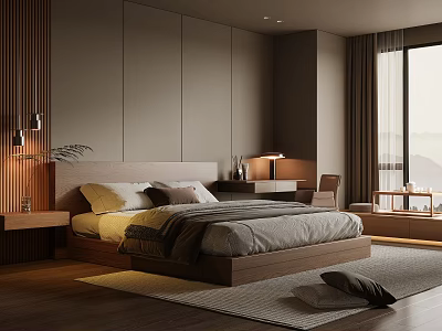 Modern Bedroom Interior Design With Wooden Headboard Bed Nightstand Table Lamp Window Curtains And Rug 3d model
