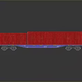 Red Container Freight Train Car With Blue Base And Wheels On Gray Background