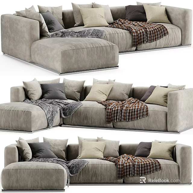Modern Gray Fabric Sectional Sofa With Multiple Pillows And Cozy Throw Blanket 3d model