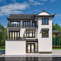 Chinese Style Detached Villa With Traditional Roof White Walls And Balconies Surrounded By Green Trees