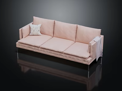Modern Pink Three Seater Sofa with Decorative Pillow Throw Blanket Metal Legs on Reflective Floor 3d model