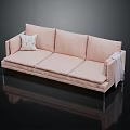Modern Pink Three Seater Sofa with Decorative Pillow Throw Blanket Metal Legs on Reflective Floor