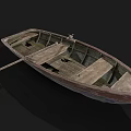 Old Wooden Boat With Worn Wooden Structure And Oar On Black Background